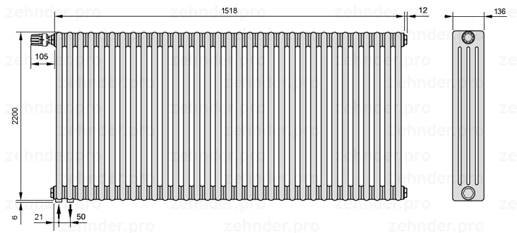 Схема (чертеж) Радиатор Zehnder Charleston 4220/33 №V001 Белый глянцевый RAL 9016